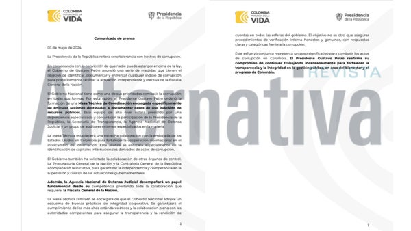 Casa de Nariño anuncia mesa técnica anticorrupción pero no menciona la "Lista Pinilla"
