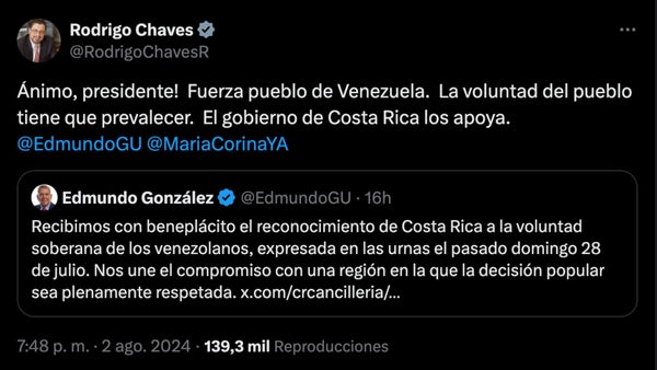 "¡Ánimo, presidente!", le dice el mandatario costarricense al venezolano Edmundo González