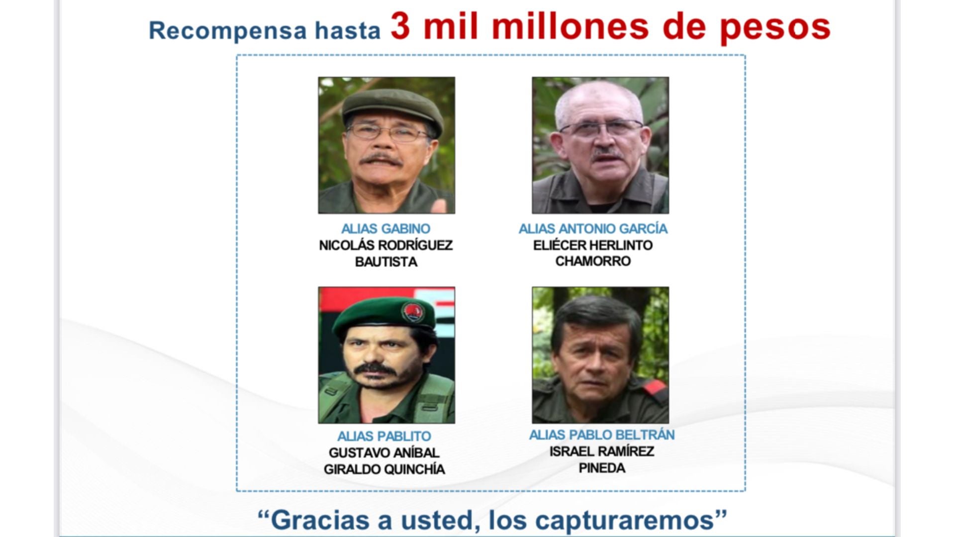 Recompensa// Cabecillas del ELN// líderes del ELN// ‘Antonio García’// ‘Gabino’// ‘Pablito’// ‘Pablo Beltrán’// Revista Alternativa// Noticias Caracol// Noticias RCN// RCN Radio// La FM// Blu Radio// W Radio// Caracol Radio// Red Más Noticias// Revista Semana// Infobae// La Silla Vacía// La Razón// Las 2 Orillas//